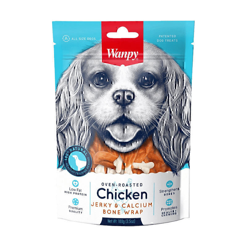 تشویقی سگ ونپی با طعم مرغ و کلسیم Chicken Jerky & Calcium Bone Wrap وزن 100 گرم