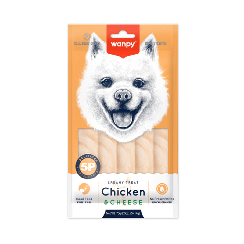 تصویر تشویقی سگ کرمی ونپی با طعم مرغ و پنیر وزن 60 گرم بستنی سگ ونپی با طعم مرغ و پنیر Wanpy Dog Creamy Treat With Chicken And Cheese بسته 5 عددی