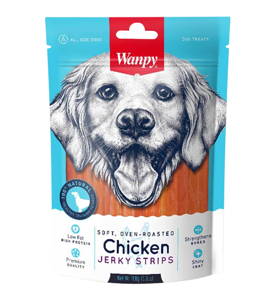 عکس بسته بندی تشویقی سگ ونپی مدل Chicken Jerky Strips وزن 100 گرم تشویقی سگ ونپی با طعم مرغ Chicken Jerky Strips وزن 100 گرم